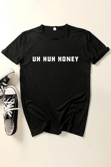 UH HUH HONEY Letter Printed Round Neck Short Sleeve Tee