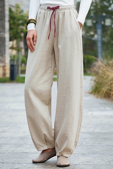 Basic Womens Pants Linen Solid Color Drawstring Waist Long Straight Pants