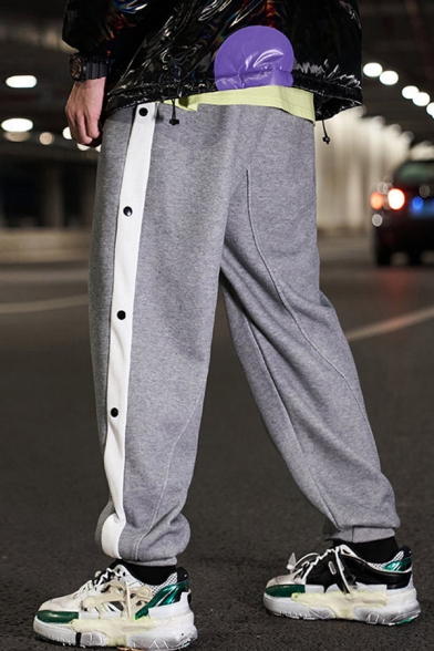Casual Men's Pants Contrast Panel Button Detail Banded Cuffs Ankle Length Jogger Pants