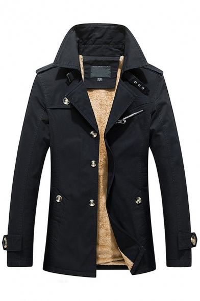 Chic Mens Coat Plain Color Epaulets Thickened Tunic Notch Collar Long Sleeve Slim Fit Trench Coat