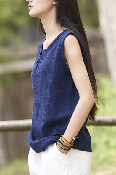 Chinese Style Tank Linen and Cotton Round Neck Frog Button Relaxed Fit Tank Top for Women
