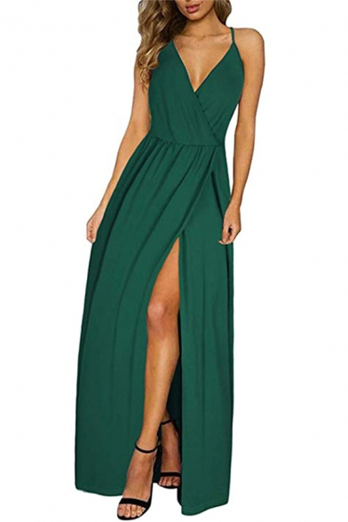 Elegant Amazing Ladies' Sleeveless V-Neck Lace Trim High Slit Side Bow Tie Hollow Back Maxi Evening Flowy Cami Dress in Green