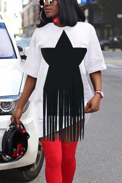 Elegant Women's T-Shirt Dress Star Print Tassel Design Round Neck Short Sleeve Mini T-Shirt Dress