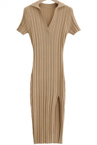 Elegant Womens Dress Ribbed Solid Color Short Sleeve V-neck Slit Side Mid Fitted Dress