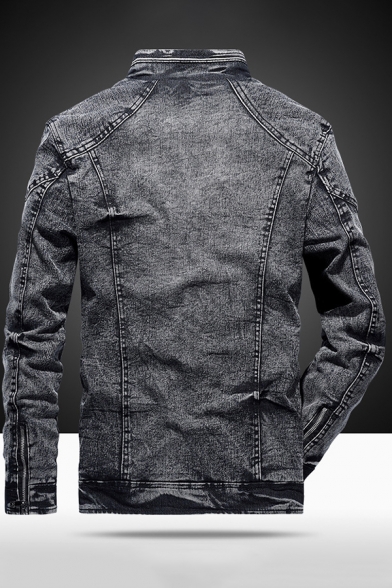 Fancy Men's Denim Jacket Zip Fly Long Sleeve Stand Collar Regular Fitted Denim Jacket with Washing Effect