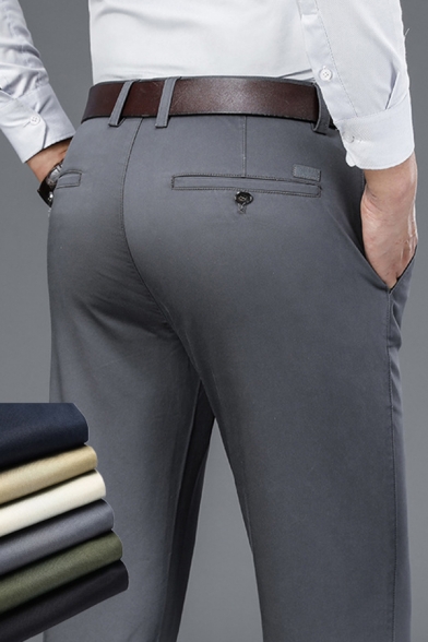 Fancy Men's Pants Plain Mid Waist Zip Fly Side Pocket Long Straight Pants