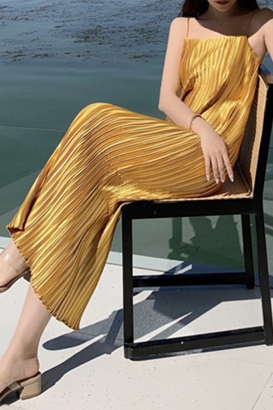 Fancy Women's Slip Dress Pleated Design Spaghetti Strap Sleeveless Long Slip Dress