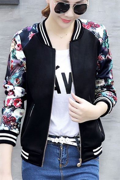 Fashion Stand-Up Collar Embroidery Floral Tiger Pattern Baseball Jacket