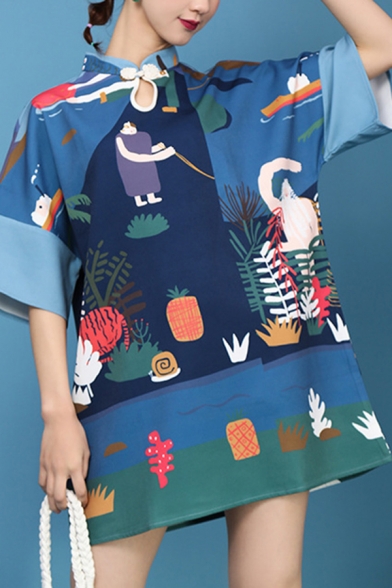 Fashionable Cheongsam Dress Cartoon Pattern A-Line Mandarin Collar Loose Fit Half Sleeve Midi Dress for Women
