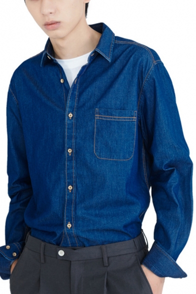 Fashionable Mens Jacket Contrast Topstitching Chest Pocket Purified Cotton Point Collar Long Sleeve Slim Denim Shirt
