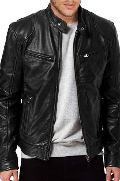 Fashionable Mens Jacket Pockets Zipper up Stand Collar Slim Fit Long Sleeve Leather Jacket