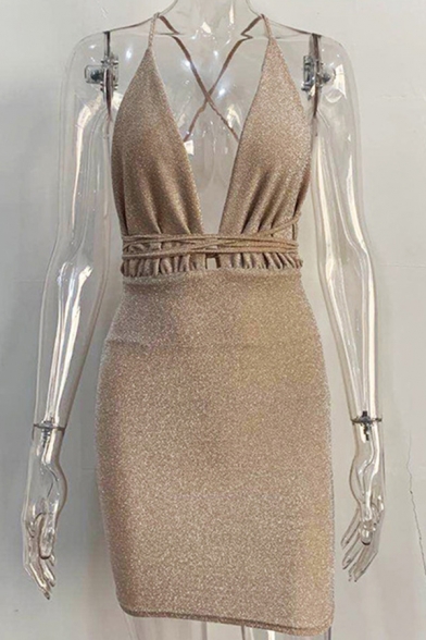 Fashionable Womens Dress Bright Silk Spaghetti Strap Deep V Neck Mini Backless Bodycon Dress