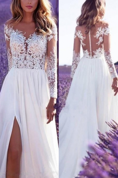 Gorgeous White Dress Sheer Mesh Applique Long Sleeve V-neck High Slit Maxi Flowy Dress for Ladies