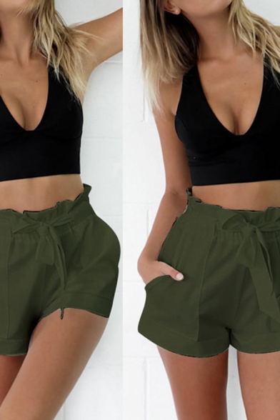Leisure Womens Shorts Solid Color Bow Tied Waist Relaxed Fit Shorts