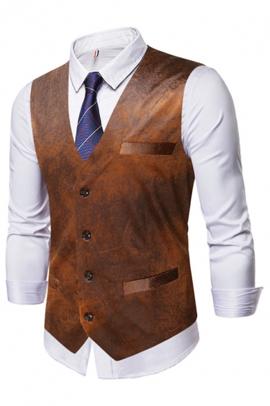Mens Vintage Tie Dye Print V-Neck Sleeveless Button Front Slim Fit Brown Waistcoat Vest