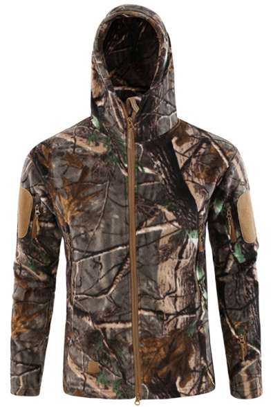 New Fashion Jungle Leaf Tree Camouflage Pattern Long Sleeve Hooded Zip Up Coat