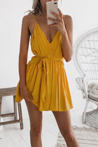 Sexy Women's Spaghetti Straps Sleeveless Plain Mini Cami Dress