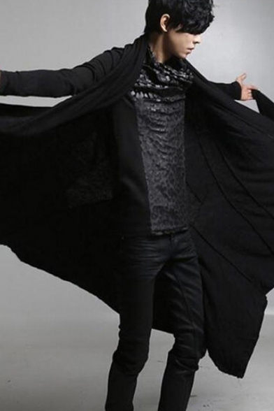 Simple Mens Coat Black Long Sleeve Asymmetric Hem Longline Fitted Coat