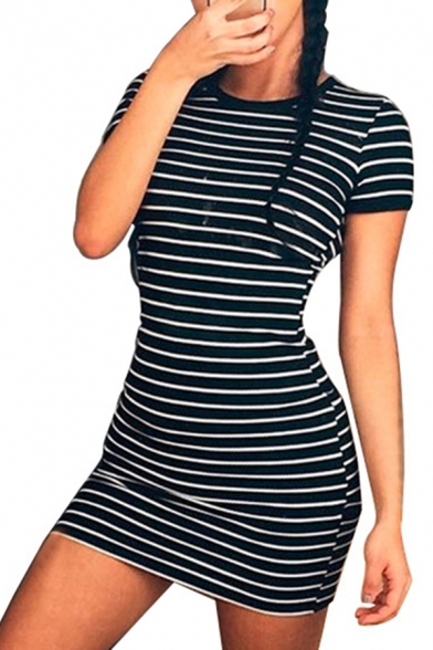 Simple Women's T-Shirt Dress Stripe Pattern Crew Neck Short Sleeve Slim Fitted Mini T-Shirt Dress