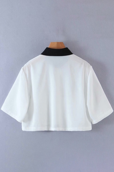 Simple Womens Shirt Contrasted Long Sleeve Point Collar Chest Pockets Relaxed Crop Shirt Top in White