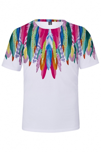 Summer Fashion Colorful Feather Pattern Round Neck Short Sleeve White T-Shirt