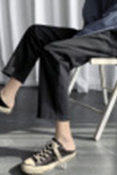 Trendy Men's Pants Solid Color Frayed Hem Drawstring Elastic Waist Ankle Length Pants