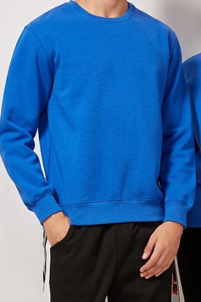 Trendy Sweatshirt Solid Color Cotton Ribbed Hem Thick Pullover Crew Neck Regular Fitted Long Sleeve Sweatshirt for Men