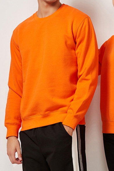 Trendy Sweatshirt Solid Color Cotton Ribbed Hem Thick Pullover Crew Neck Regular Fitted Long Sleeve Sweatshirt for Men