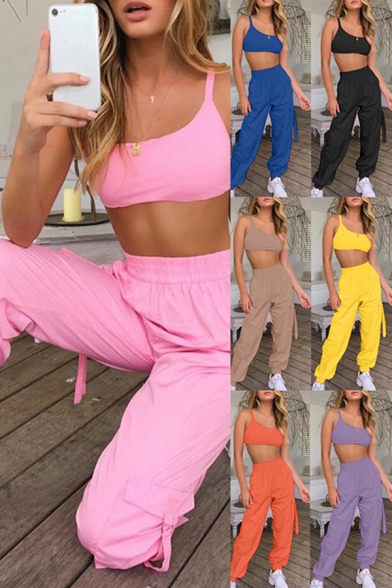 Trendy Women's Co-ords Solid Color Scoop Neck Sleeveless Cropped Cami Top with Elastic Waist Banded Cuffs Flap Pocket Cargo Pants Set