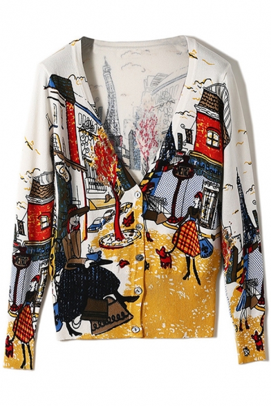 Trendy Womens Cardigan Abstract Cartoon Printed Long Sleeve Button Up Slim Fit Knit Cardigan in Yellow