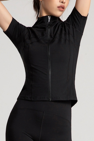 Unique Womens Jacket Flatlock Seam Zipper down Short Sleeve Slim Fit Mock Neck Yoga Jacket