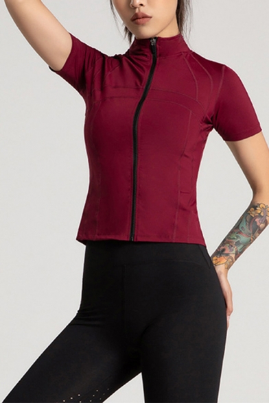 Unique Womens Jacket Flatlock Seam Zipper down Short Sleeve Slim Fit Mock Neck Yoga Jacket