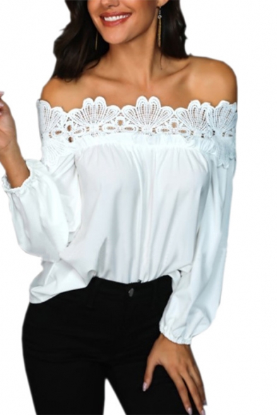 Women's Summer Sexy Off the Shoulder Long Sleeve Hollow Lace Trimmed White Blouse Top