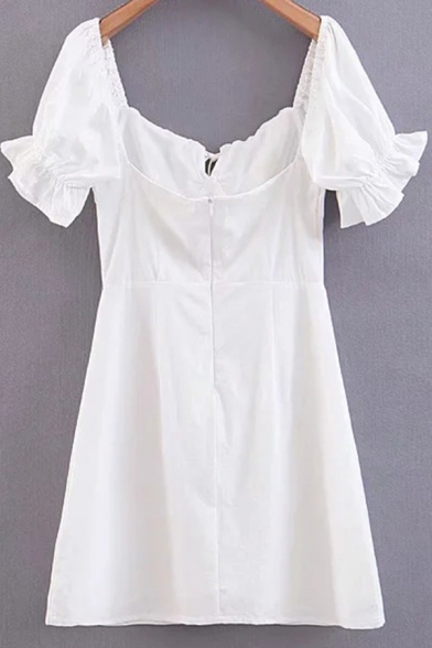 Womens Lovely Dress Puff Sleeve Sweetheart Neck Tied Front Mini A-line Dress in White