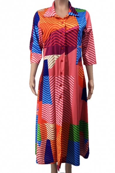 Womens Stylish Shirt Dress Colorblocked Stripes Pattern Button down Spread Collar Short Sleeve Loose Fitted Maxi Dress