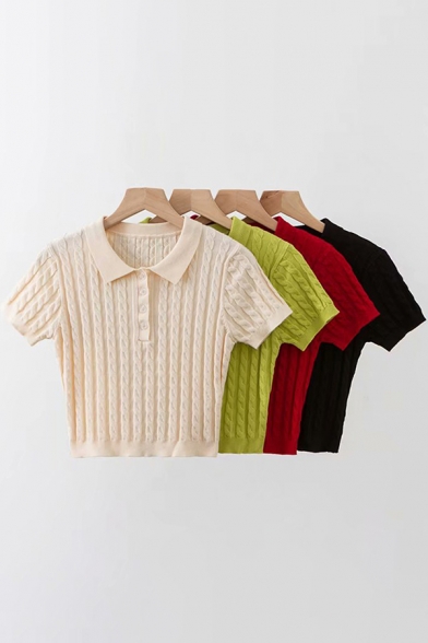 Chic Girls Tee Top Cable Knit Short Sleeve Turn Down Collar Button Up Fitted Crop Plain T Shirt