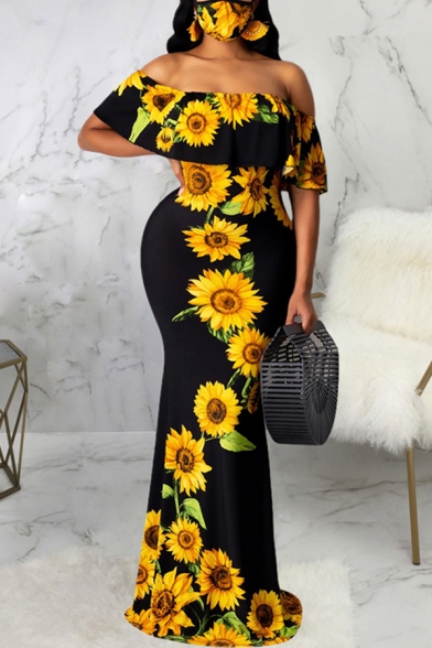 Chic Womens Dress Plant Pattern Ombre Color off Shoulder Ruffle Floor Length Short Sleeve Maxi Bodycon Dress