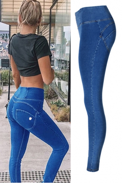 Classic Womens Jeans High Rise Zipper Fly Peach Butt Stretchable Slim Fit Ankle Length Blue Pencil Jeans with Washing Effect