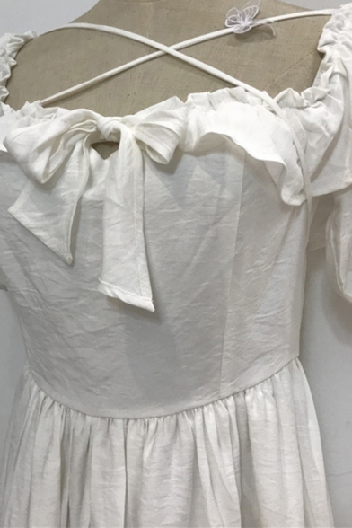 Cute Girls Dress White Ruffled Short Sleeve Criss Cross Bow Tied Front Mid Pleated A-line Dress