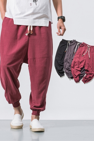 Elegant Men's Pants Solid Color Banded Cuffs Drawstring Elastic Waist Ankle Length Harem Pants