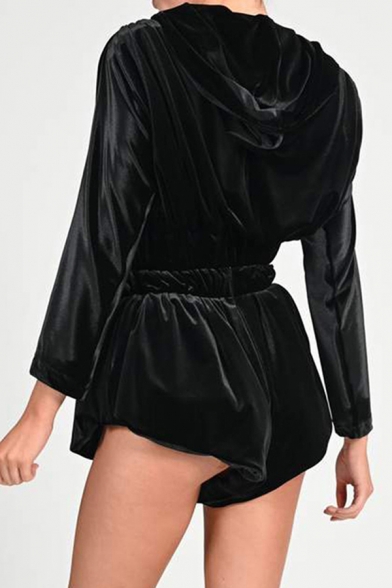 Fashion Womens Set Plain Velvet Long Sleeve Deep V-neck Zip Up Relaxed Jacket & Shorts Set