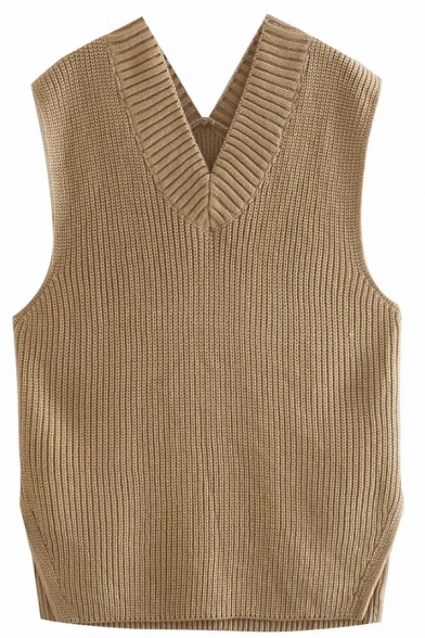 Fashionable Girls Vest Solid Color Knitted Sleeveless V-neck Loose Fit Vest