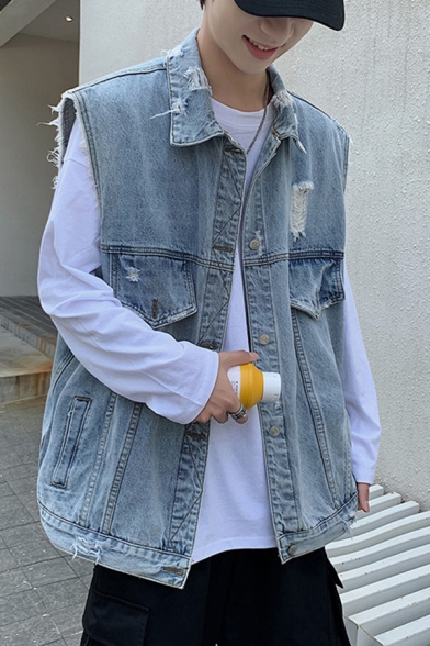 Fashionable Mens Vest Distressed Spread Collar Button Up Relaxed Fit Solid Denim Vest