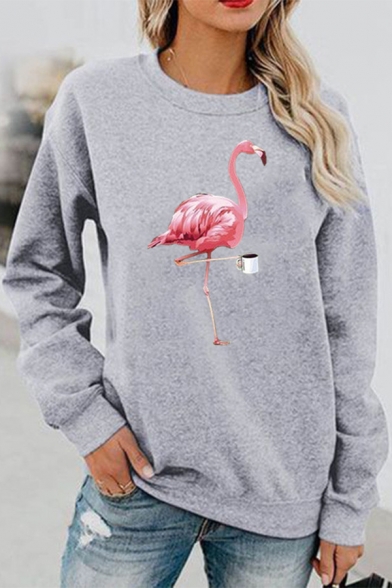 Female Fashion Long Sleeve Flamingo Printed Loose Fit Pullover Sweatshirt in Grey