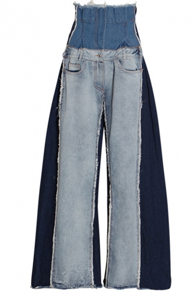 Girls Street Jeans Color Block Patched High Waist Long Length Wide-leg Jeans in Blue