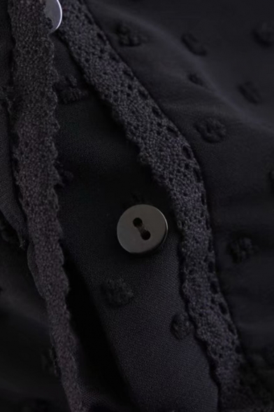 Girls Stylish Black Shirt See-through Mesh Polka Dot Long Sleeve Deep V-neck Ruffled Relaxed Fit Shirt