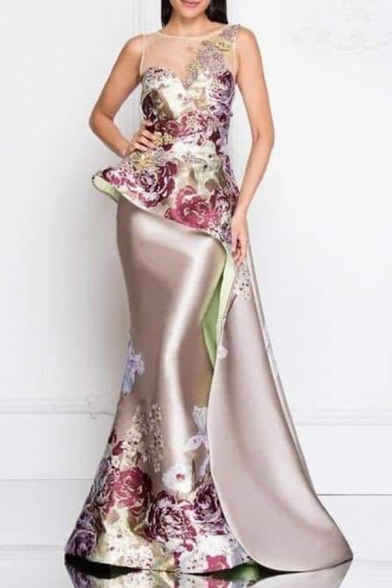 Gorgeous Womens Dress Flower Printed See-through Mesh Panel Round Neck Asymmetric Panel Maxi Fishtail Dress in Apricot