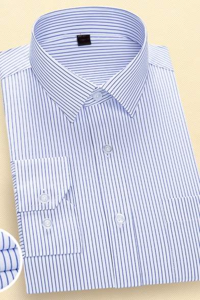 Mens Chic Shirt Pinstripes Printed Button Closure Non-Iron Long Sleeve Spread Collar Slim Fitted Shirt