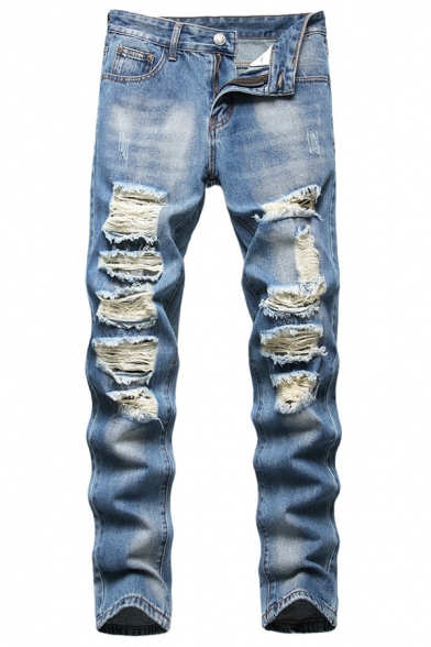 Mens Popular Fashion Cool Damage Light Blue Regular Fit Trendy Distressed Ripped Jeans