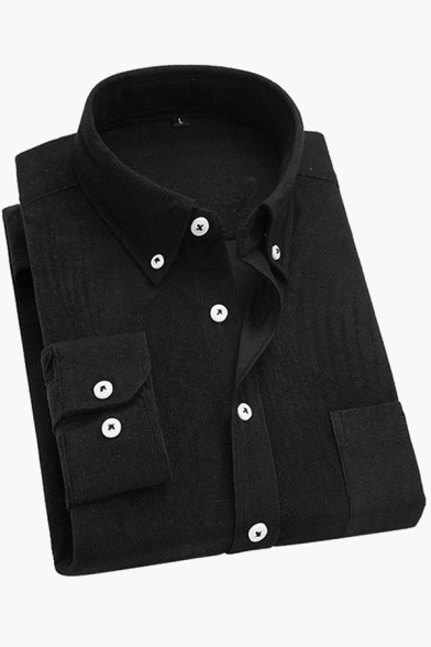Mens Shirt Corduroy Long Sleeve Button Down Collar Chest Pocket Plain Regular Casual Shirt